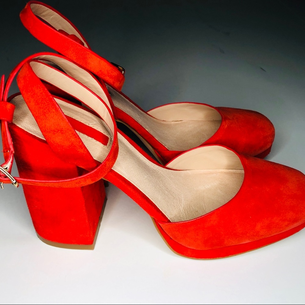 TopShop Suede Red Scarlet Chunky Platform Heels - Picture 7 of 13